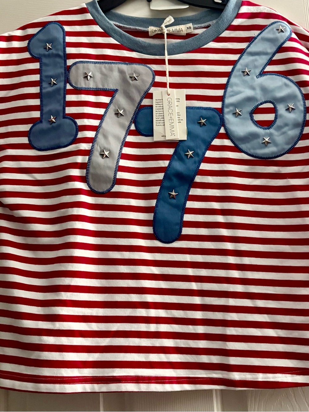 Grace + Emma Red & White Stripe sweater Top with Blue Appliqué